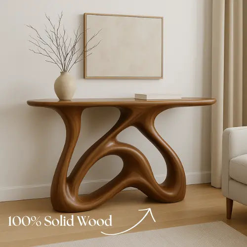 Handcrafted Solid Wood Flowform Console Table – Modern Organic Sculpture Kitchnce