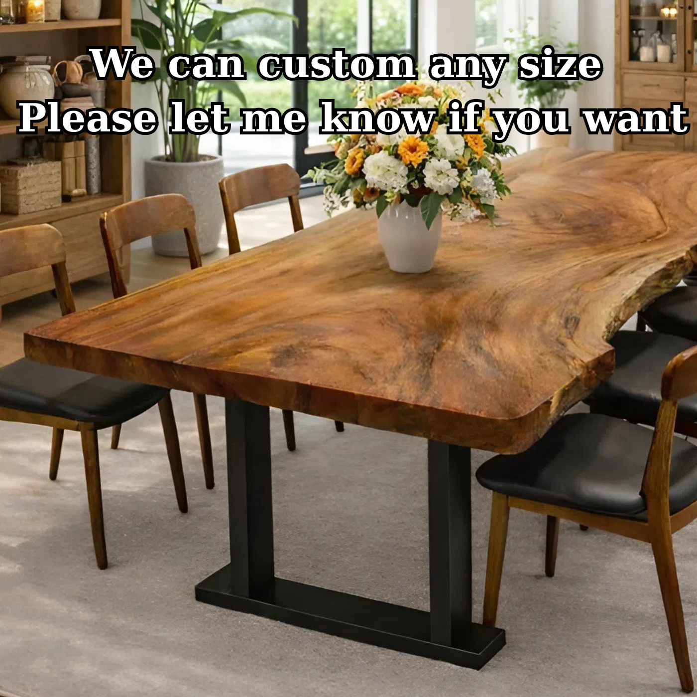 Modern Artful Live Edge Wood Dining Table with Minimal Metal Base