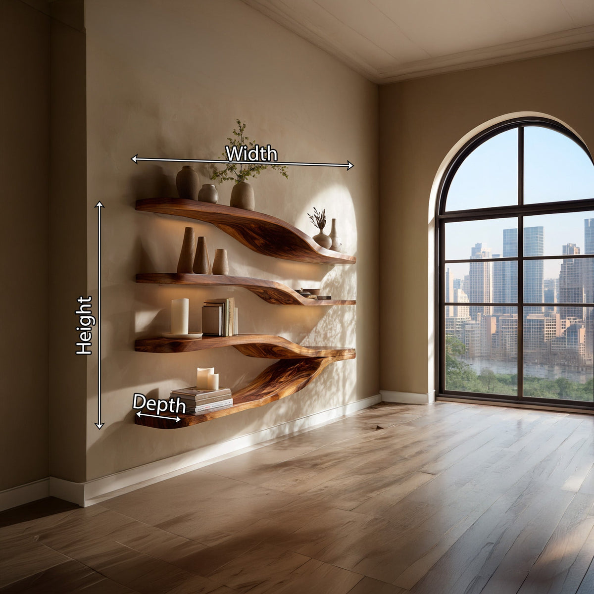 Flowing Wood Wall-Mounted Shelf With Layered Display