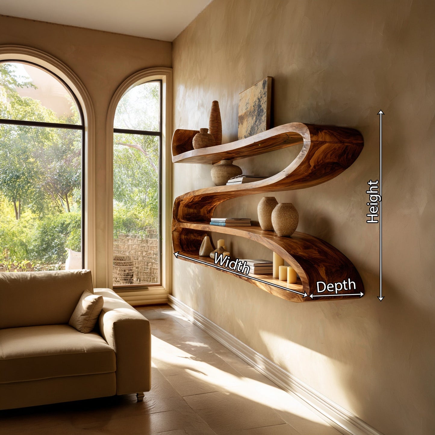 Sculptural Wood Wall-Mounted Shelf With Open Display