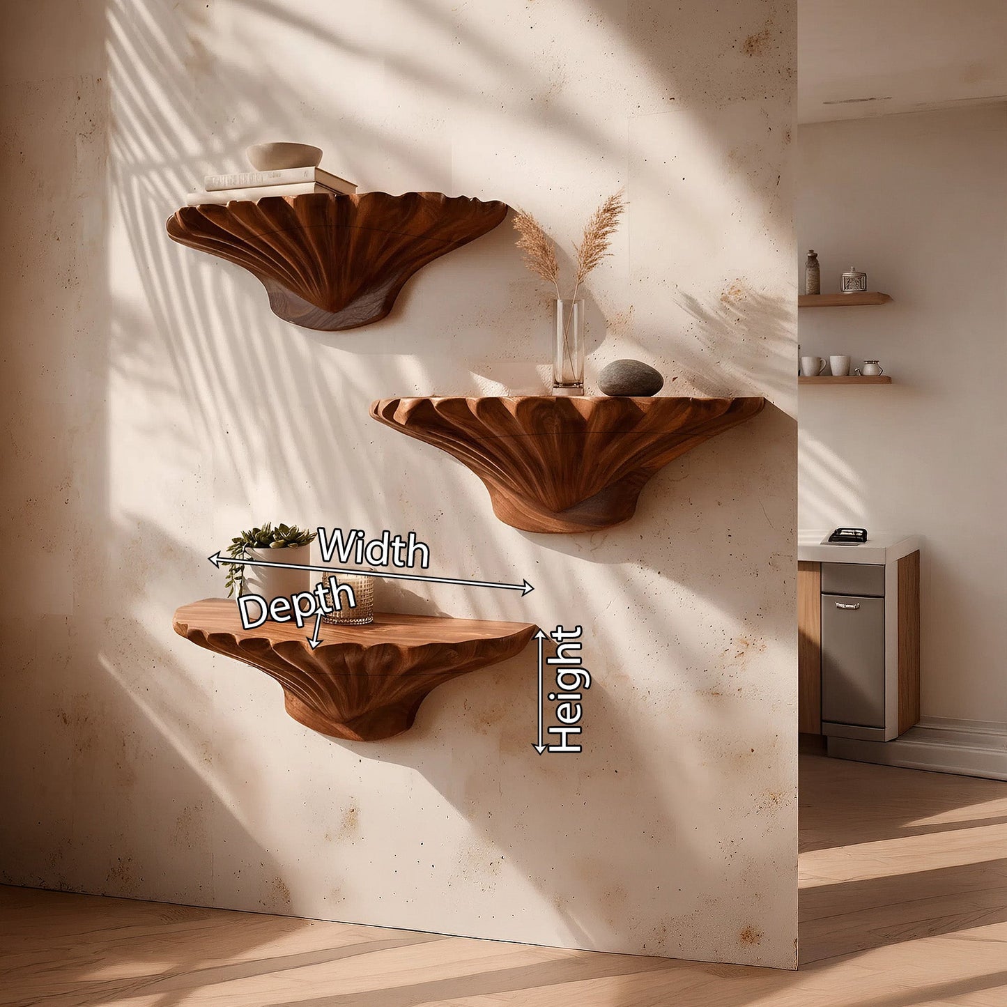 Organic Sculptural Floating Wall Shelf Set in Natural Wood