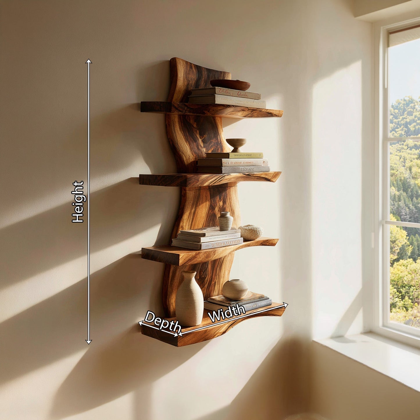 Vertical Wood Wall-Mounted Shelf With Layered Display