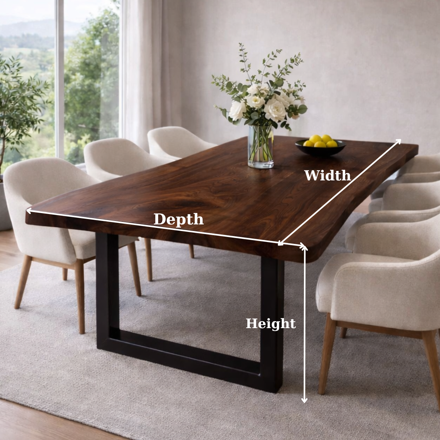 Modern Solid Wood Rectangular Dining Table with Black Steel Base