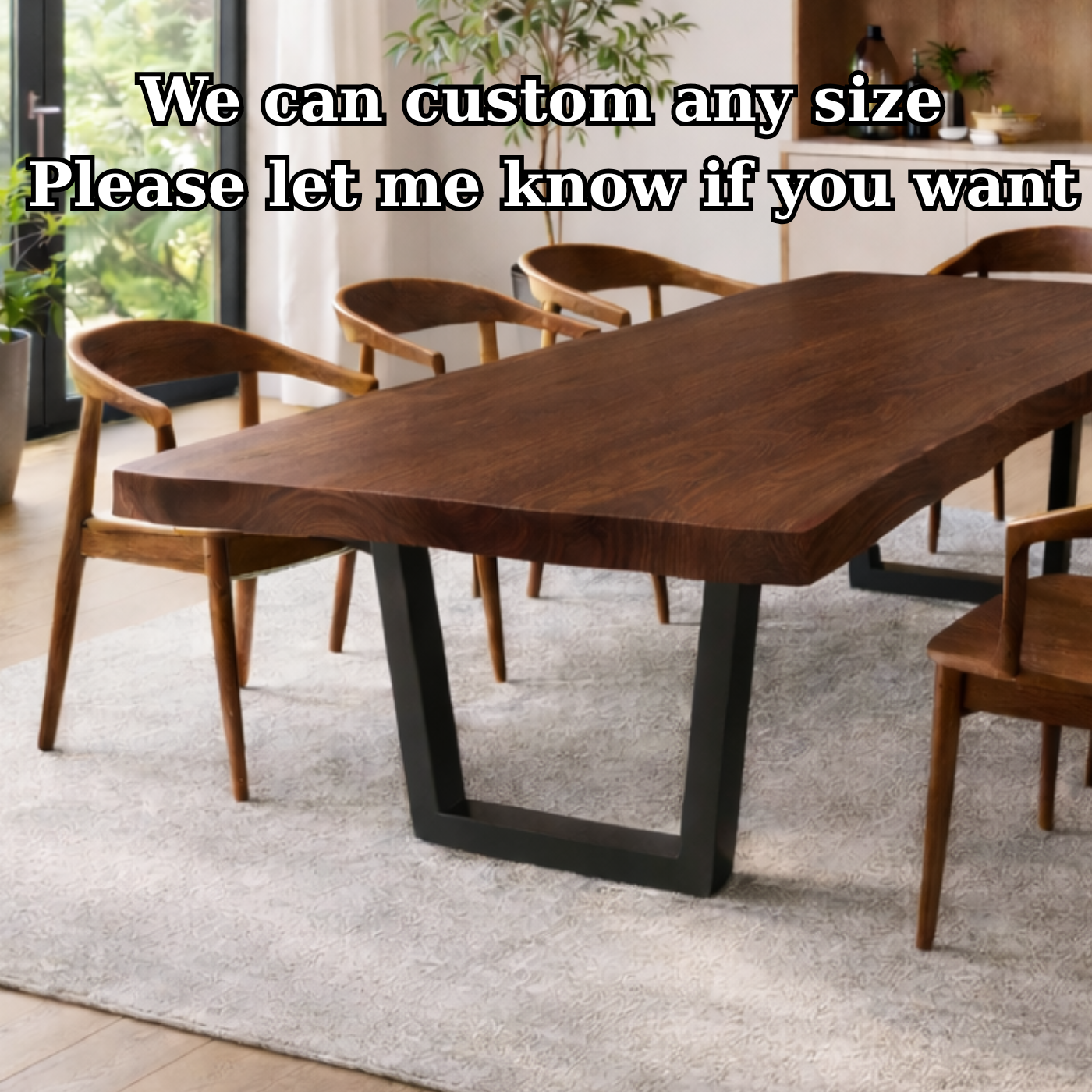 Modern Solid Walnut Dining Table with Black U-Shaped Steel Legs for Minimalist Interiors