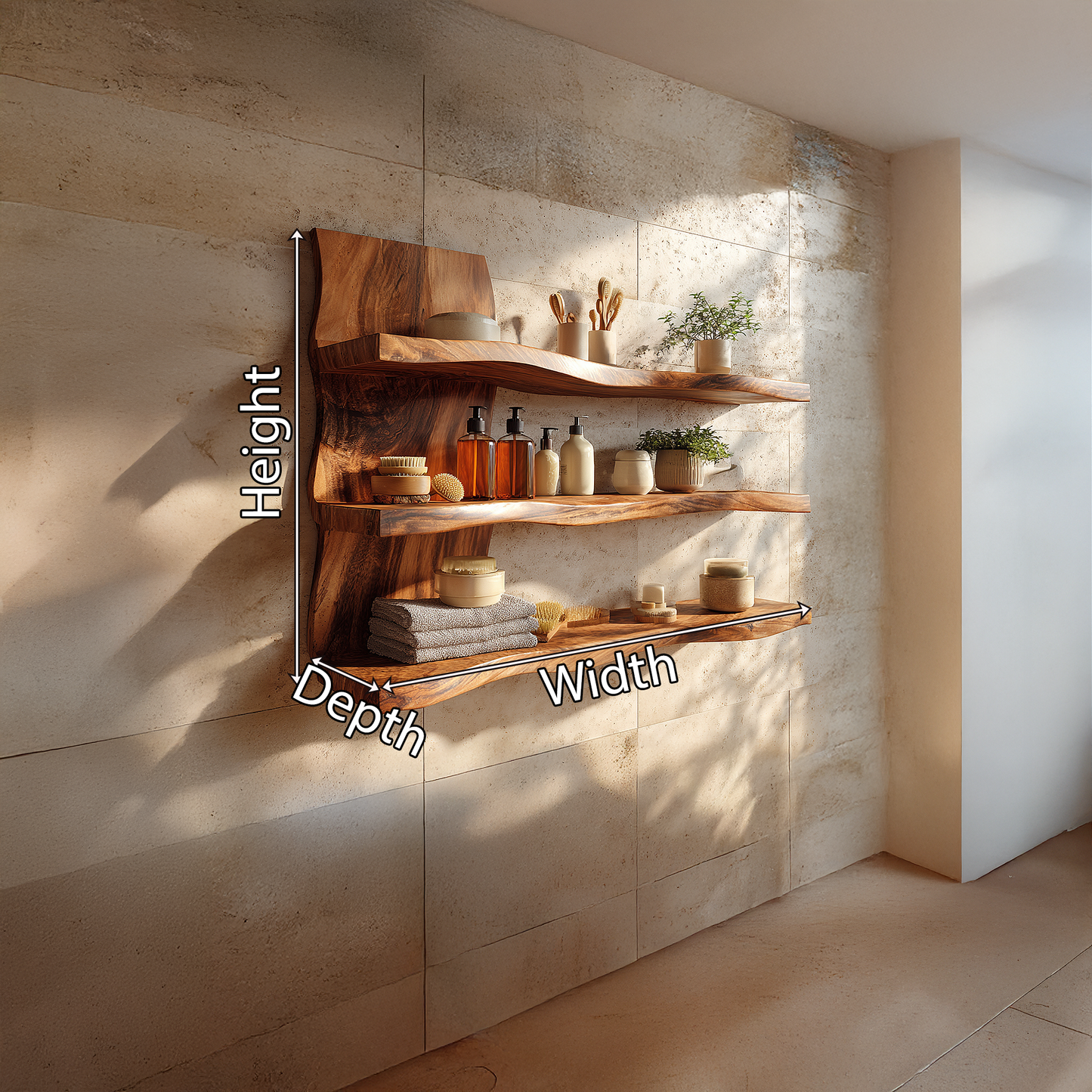 Sculptural Triple Tier Wall Shelf with Flowing Wood Layers