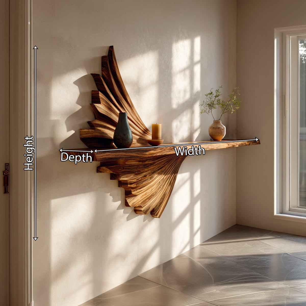Layered Sculptural Floating Wall Shelf in Natural Wood