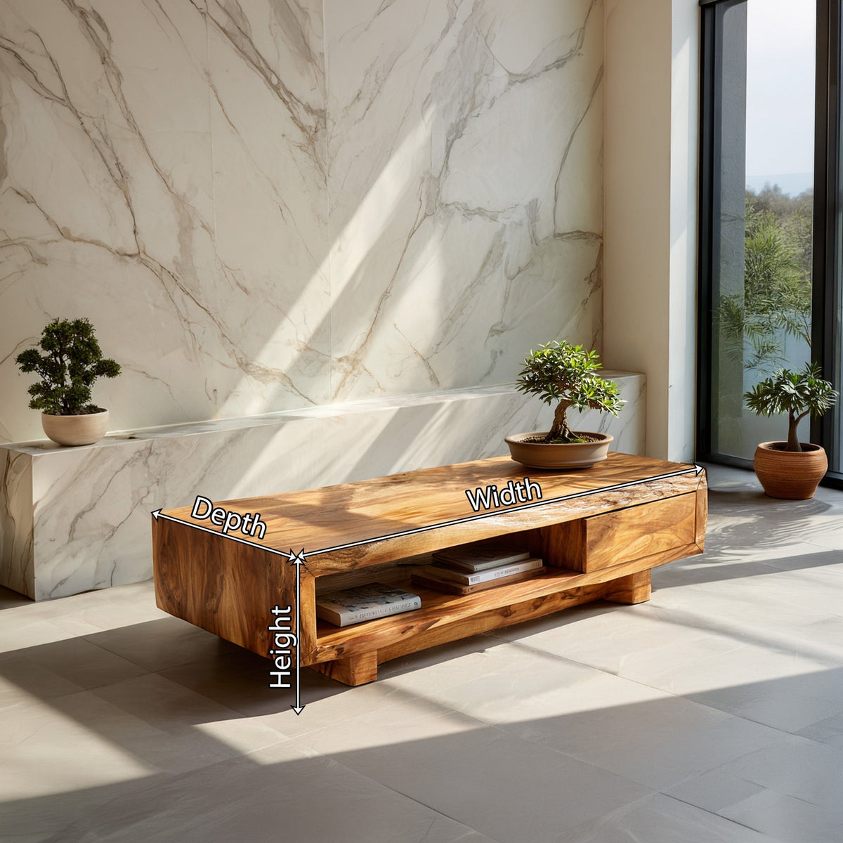 Live Edge Storage Coffee Table With Dual Drawer Design