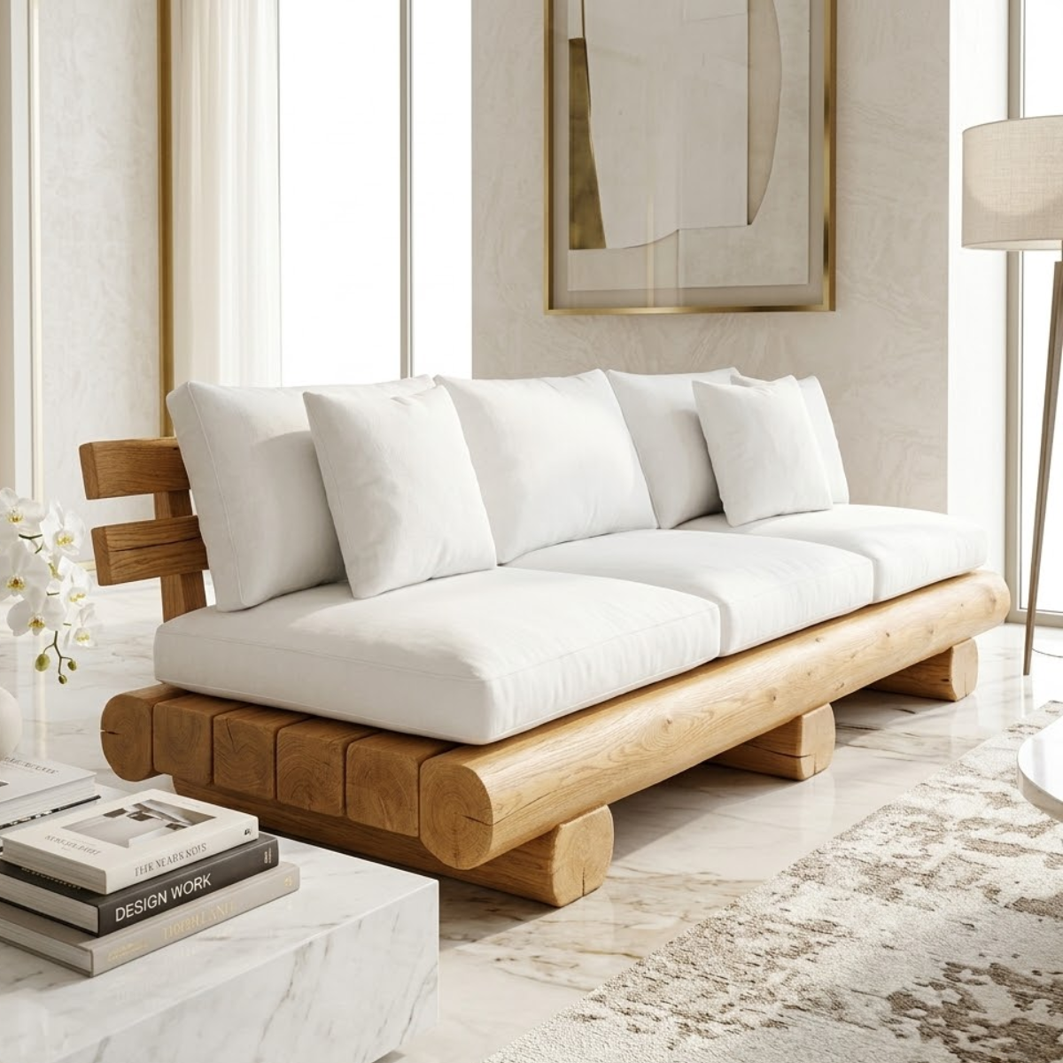Modern Rustic Wooden Sofa, Minimalist Contemporary Lounge with Oversized Cream Cushions