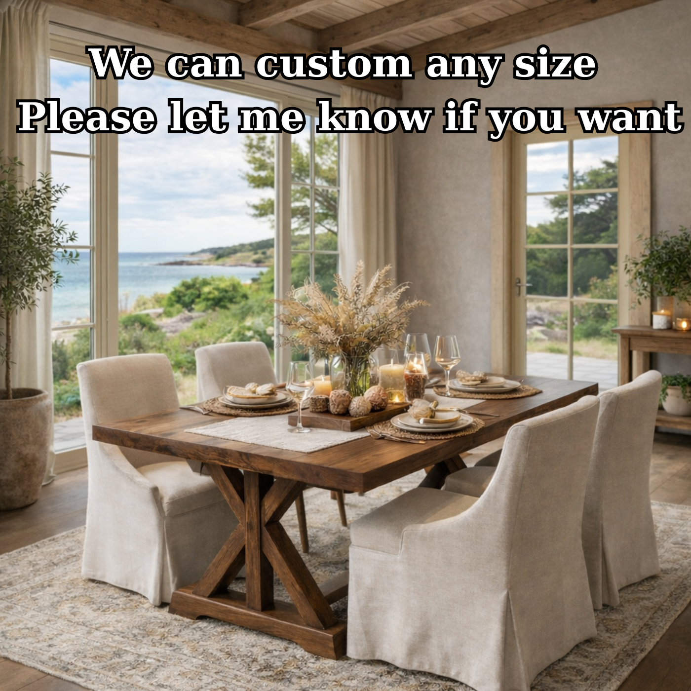 Coastal Rustic Solid Wood Dining Table with X-Base