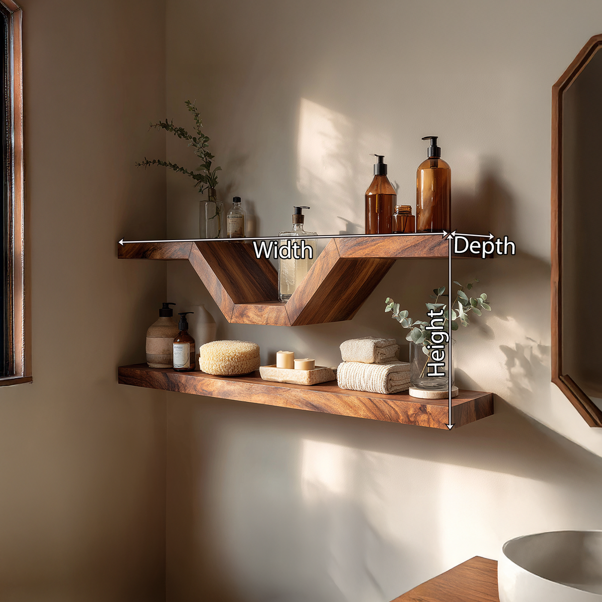 Zigzag Floating Shelf with Geometric Support Wood Design