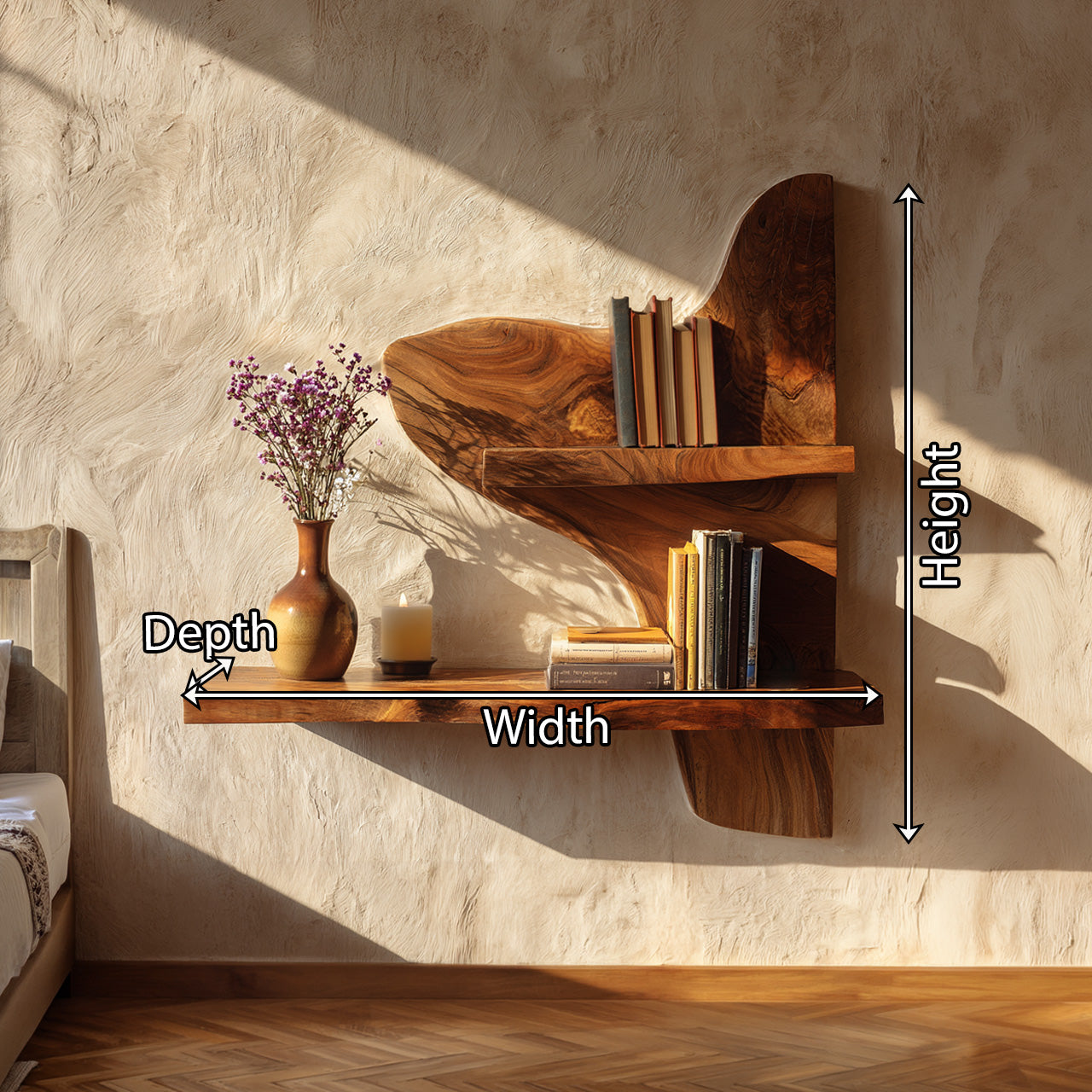 Asymmetrical Two-Tier Wall Shelf in Natural Wood with Sculptural Form