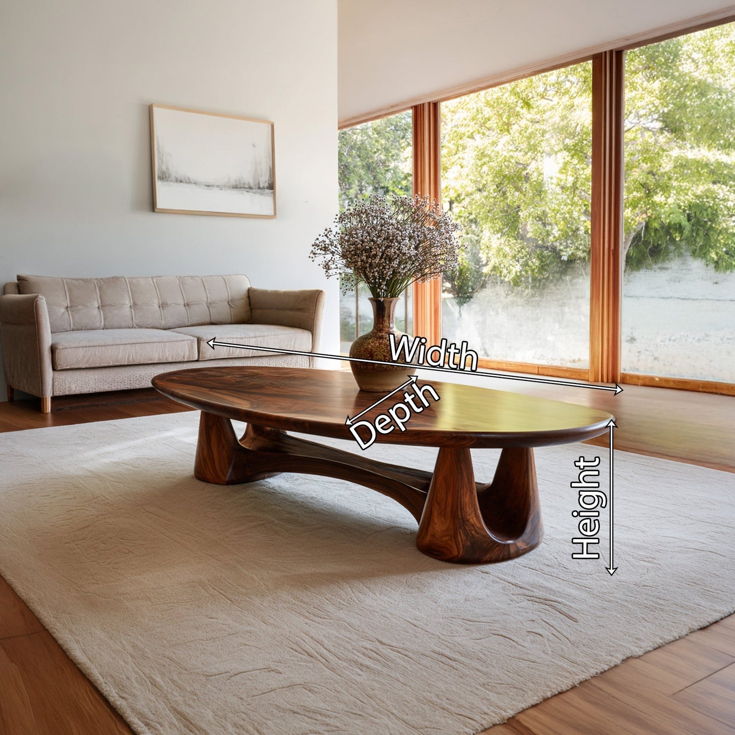 Organic Oval Coffee Table With Sculptural Pedestal Base