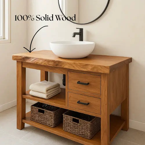 Handcrafted Solid Wood Bathroom Vanity – Live Edge with Drawers & Open Shelf Kitchnce