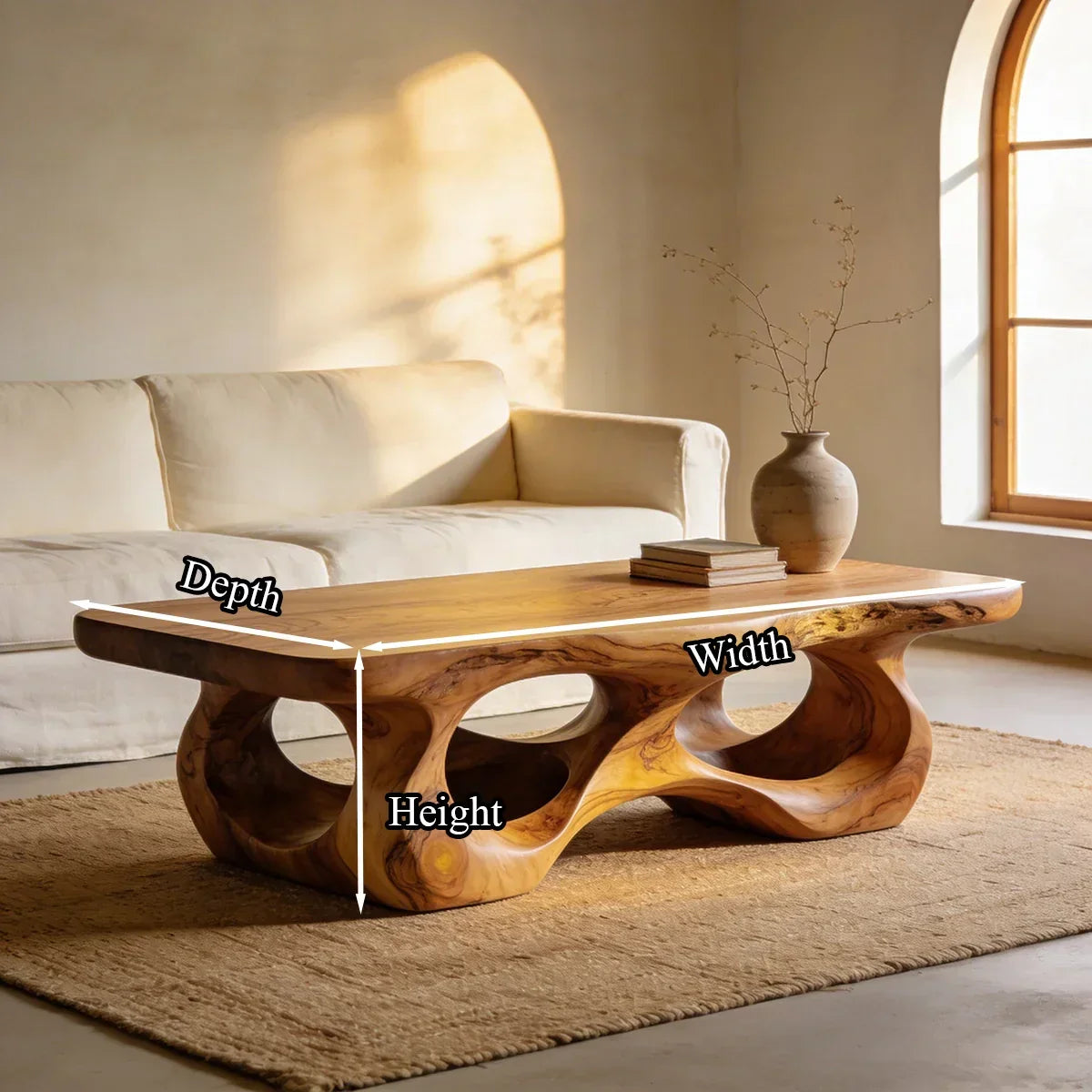 Organic Sculptural Natural Wood Coffee Table with Carved Base