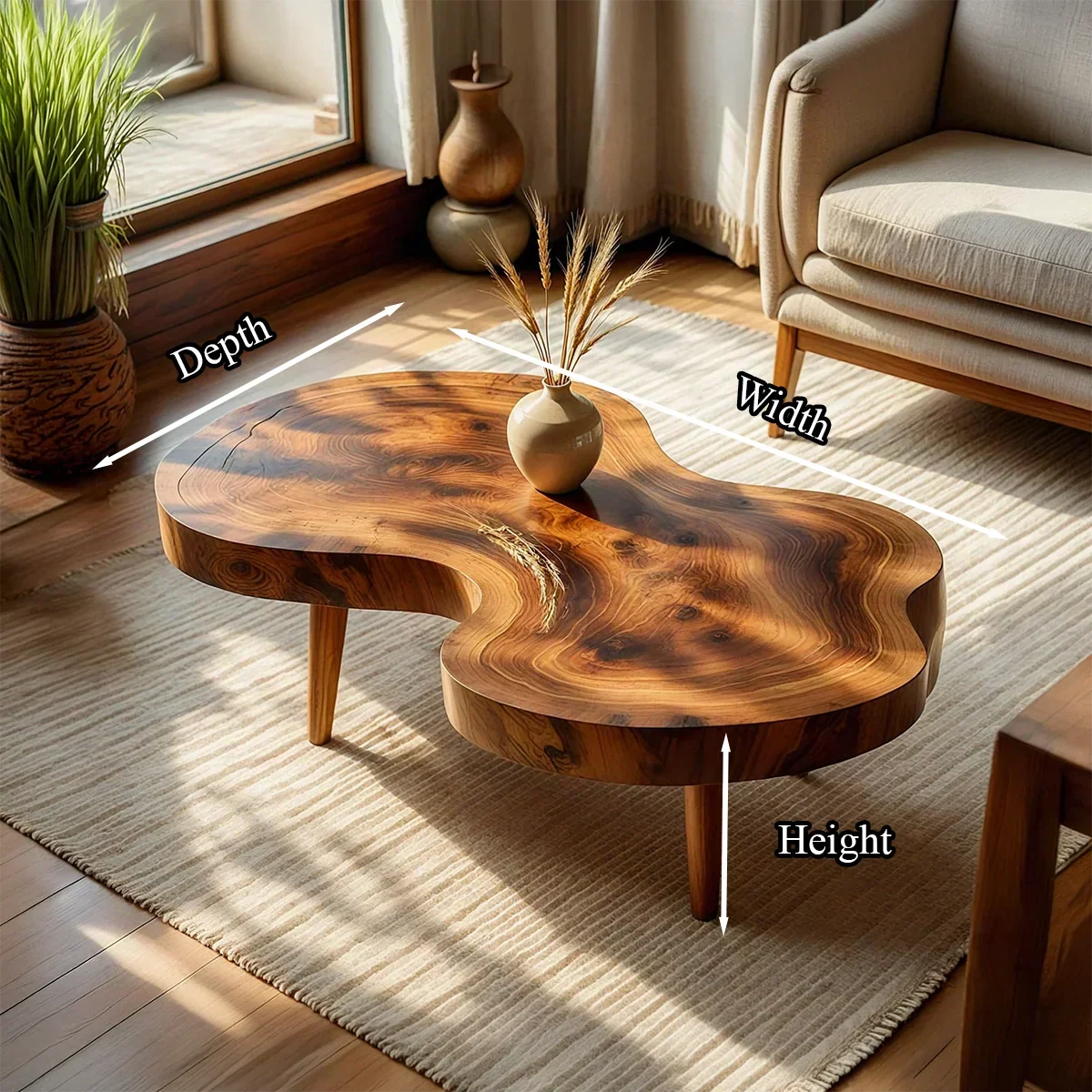 Freeform Natural Wood Coffee Table with Smooth Contoured Edge