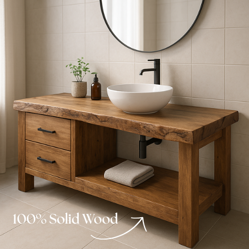 Handcrafted Solid Wood Bathroom Vanity – Live Edge Countertop with Drawers & Open Shelf – Rustic Modern Design for Natural Spa Interiors Kitchnce