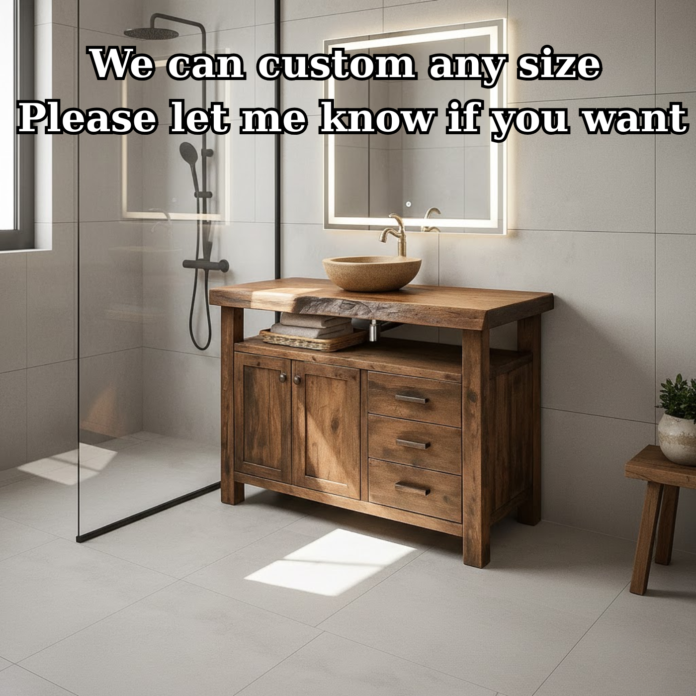 Rustic Solid Wood Bathroom Vanity with Double Door Cabinet and Three Drawers