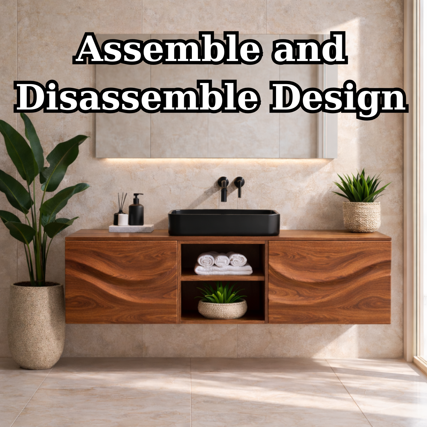 Floating Walnut Bathroom Vanity, Wall Mounted Wood Vanity Cabinet with Open Shelf