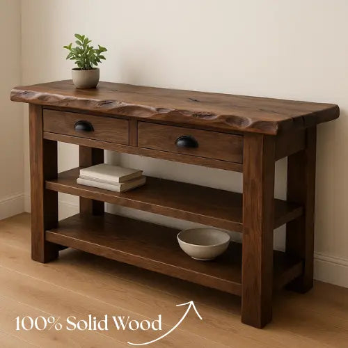 Handcrafted Solid Wood Live Edge Console Table – Walnut Finish with Drawers and Open Shelves Kitchnce