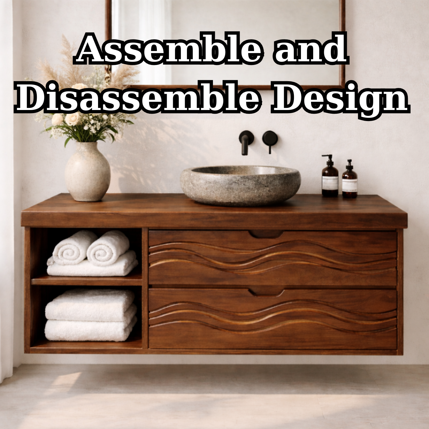 Floating Solid Wood Bathroom Vanity with Wave Drawer Front, Wall Mounted Wood Vanity with Open Shelf