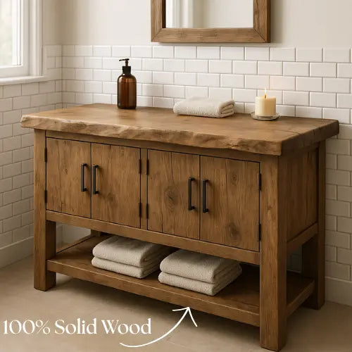Handcrafted Solid Wood Bathroom Vanity – Live Edge Top with Four Doors & Open Shelf Kitchnce
