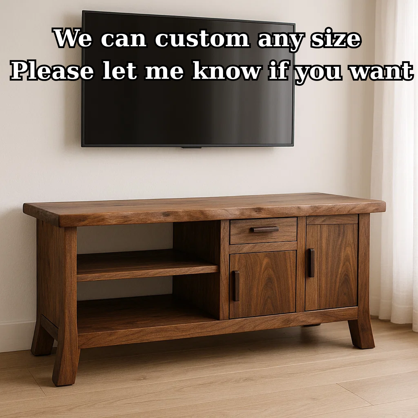 Handcrafted Solid Wood TV Stand - Live Edge Console, Drawer, Cabinet & Open Shelves Kitchnce