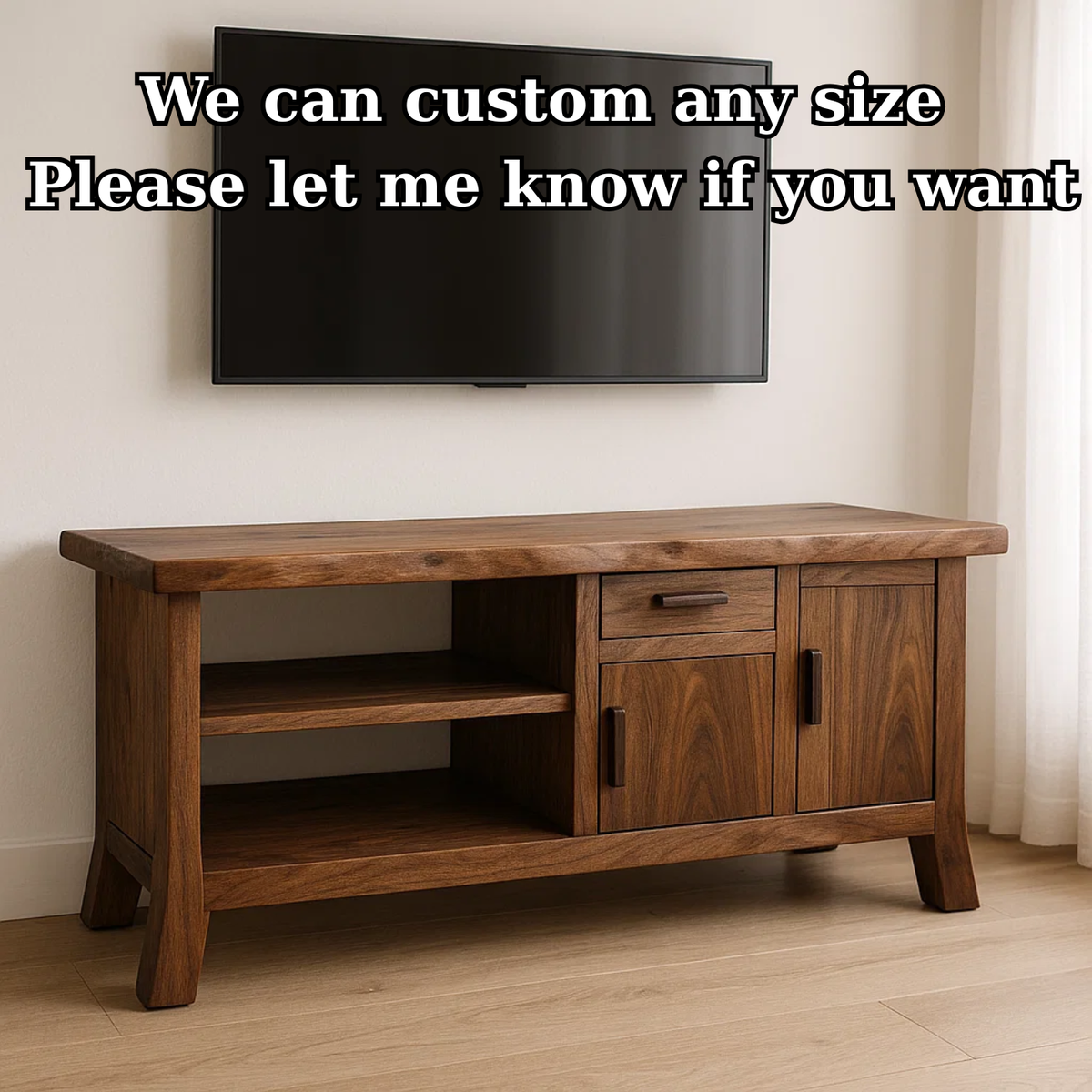 Handcrafted Solid Wood TV Stand - Live Edge Console, Drawer, Cabinet & Open Shelves Kitchnce