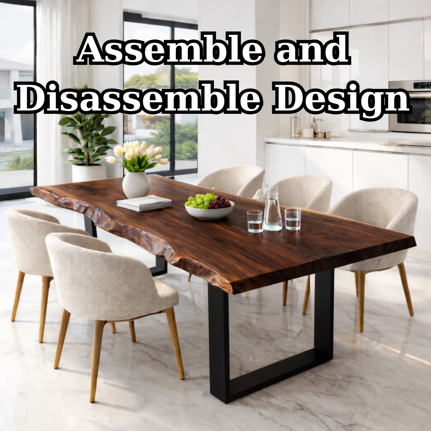 Live Edge Walnut Dining Table with Black Metal U-Shape Legs