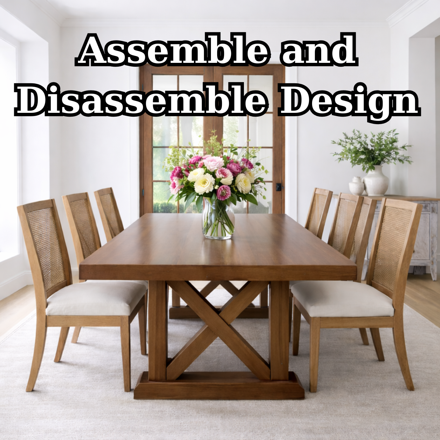 Solid Wood Dining Table with X-Base Farmhouse Style