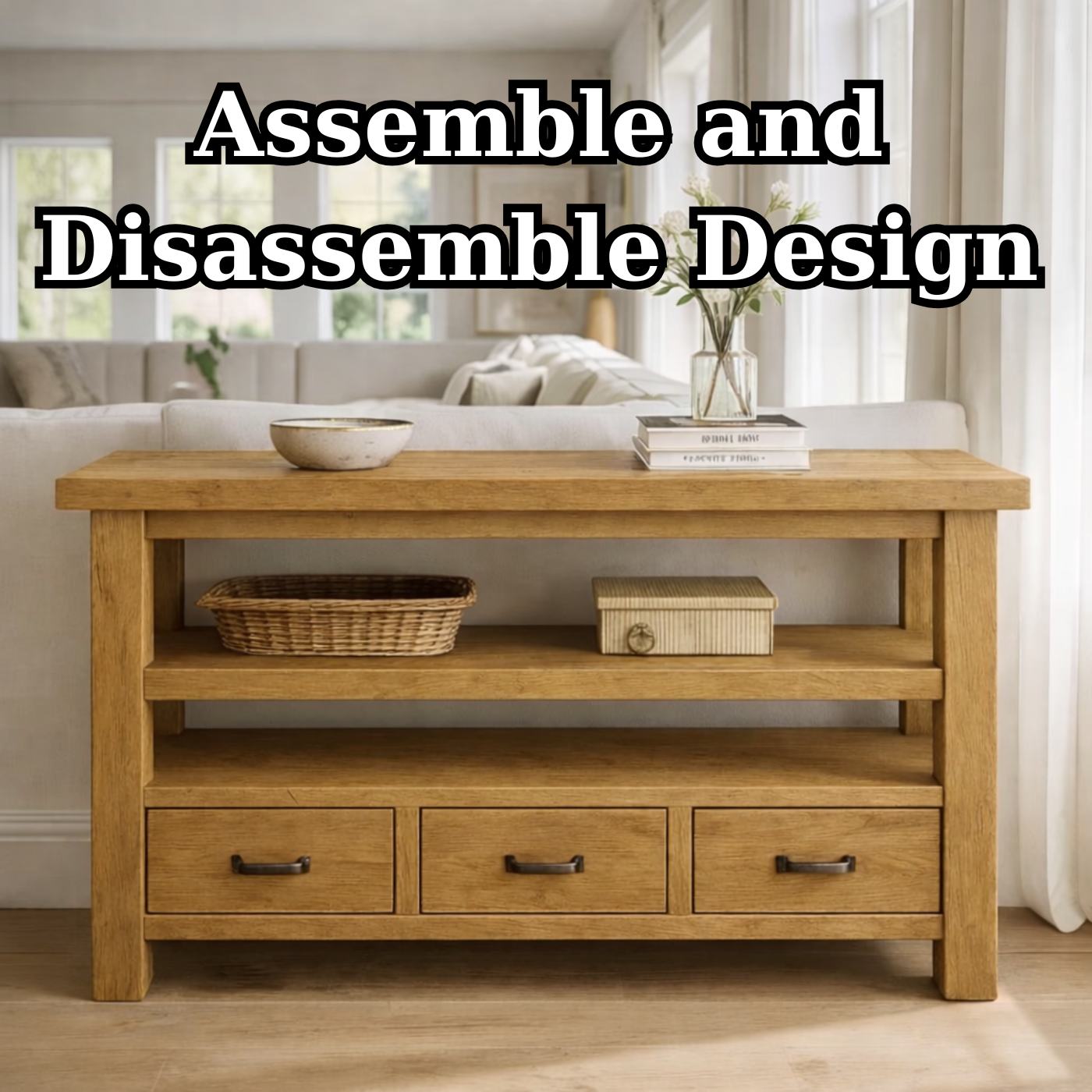 Solid Wood Console Table with Drawers and Open Shelf