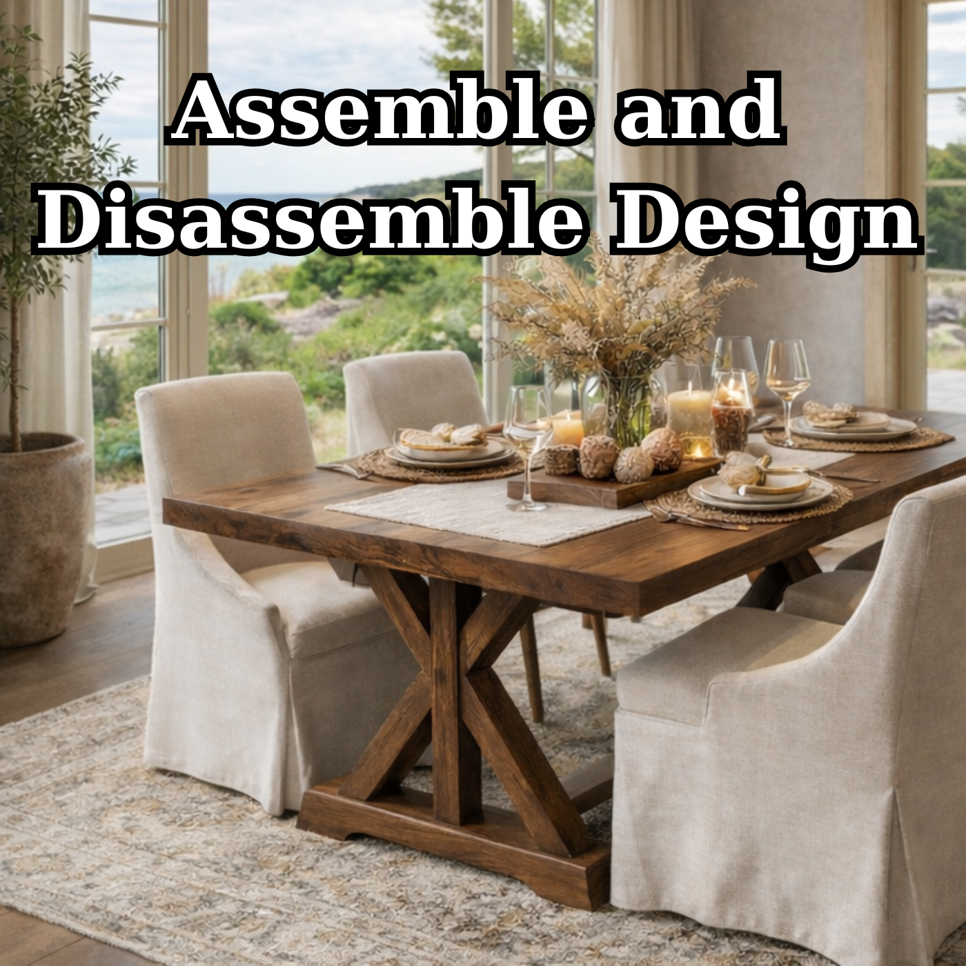 Coastal Rustic Solid Wood Dining Table with X-Base