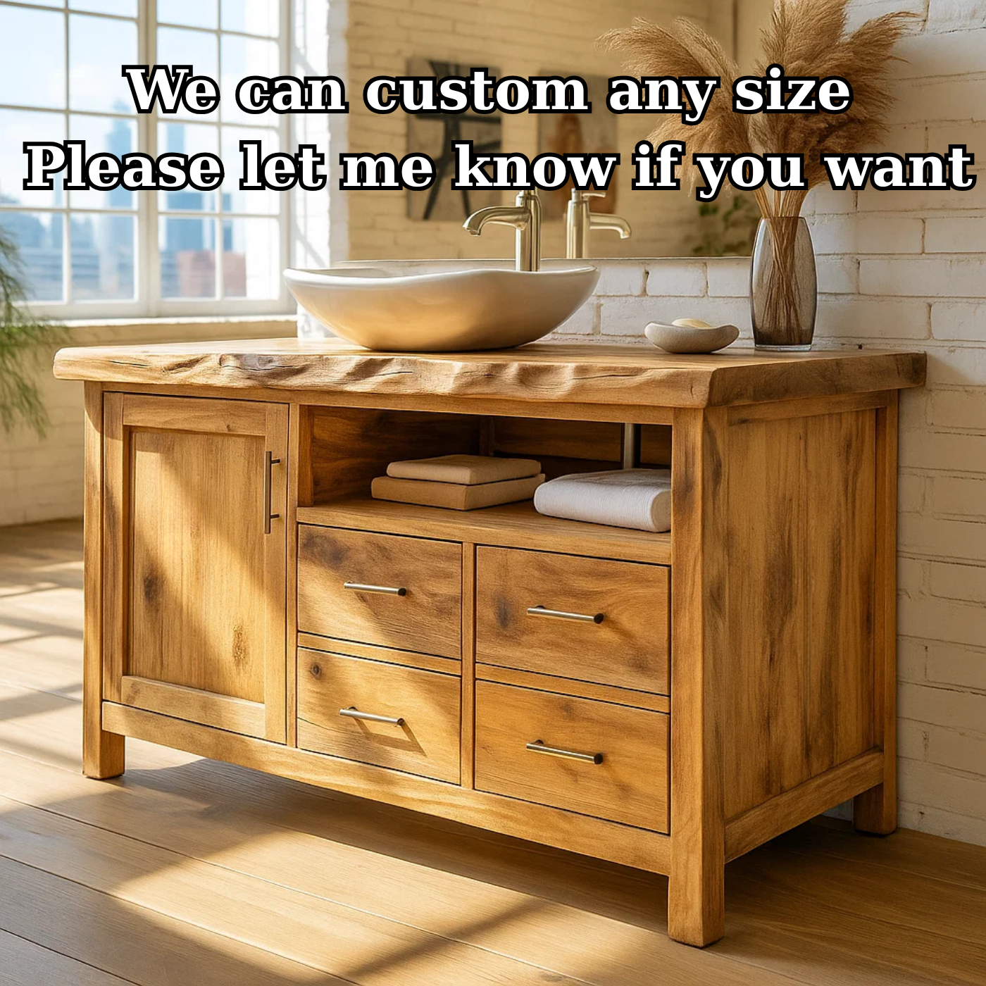 Solid Wood Live Edge Bathroom Vanity with 4 Drawers and Cabinet Door