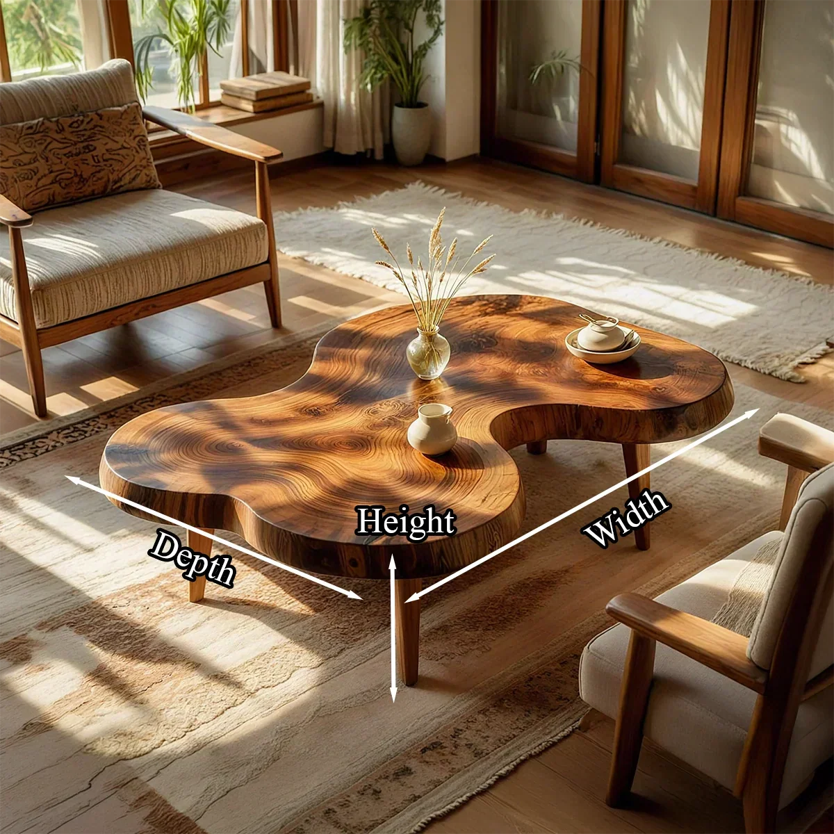 Organic Freeform Natural Wood Coffee Table with Rounded Edge Design