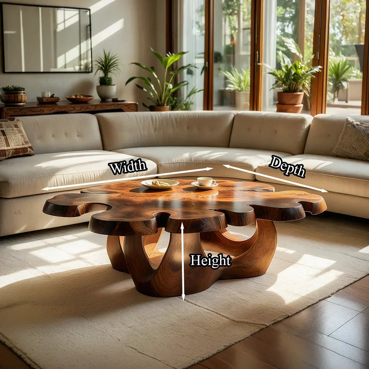 Sculptural Live Edge Natural Wood Coffee Table with Multi-Form Base