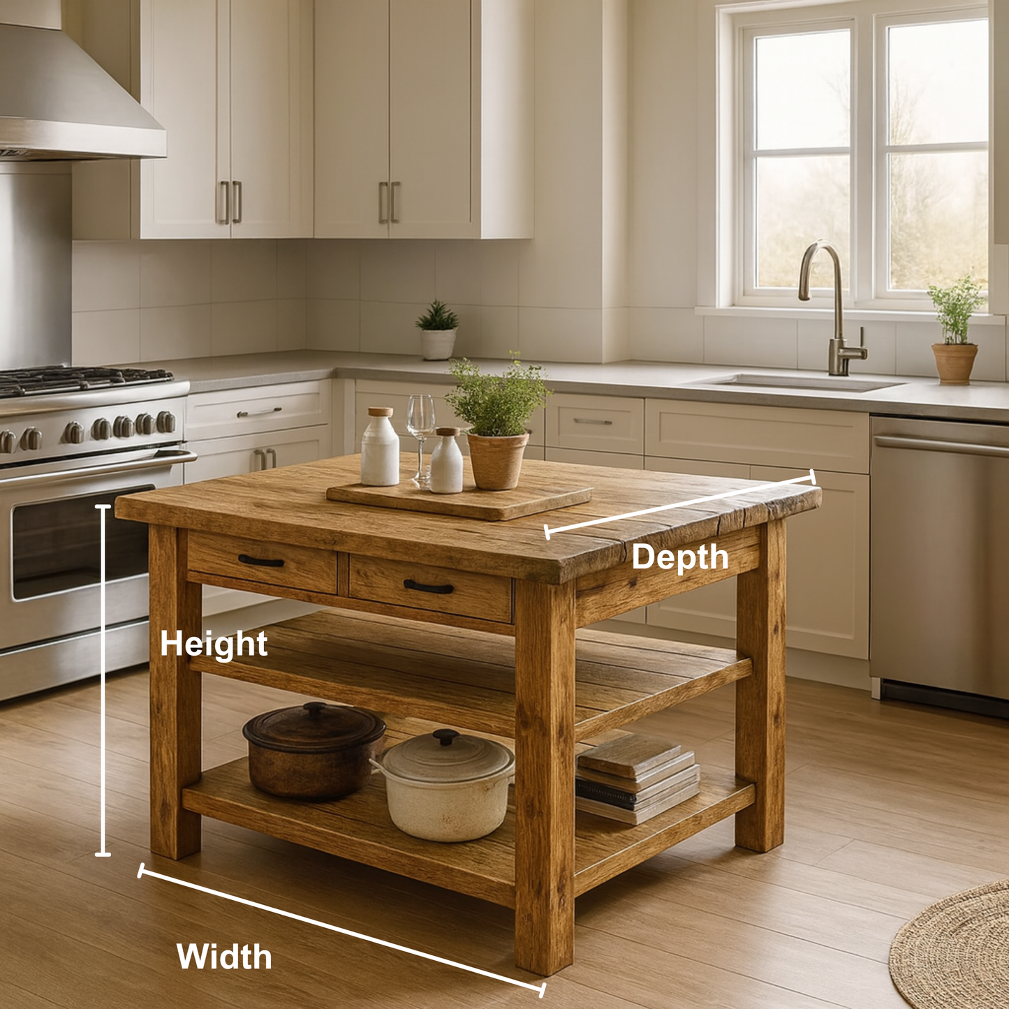 Live Edge Solid Wood Kitchen Island with Drawers - Rustic Farmhouse Butcher Block Prep Table