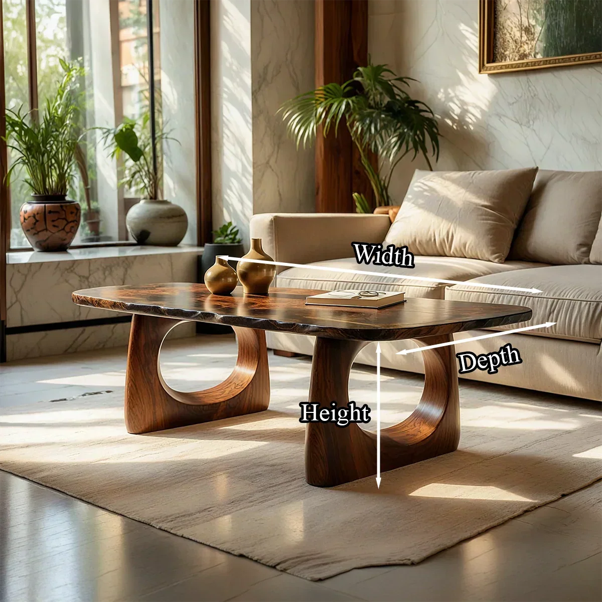 Live Edge Natural Wood Coffee Table with Dual Circular Sculpted Base