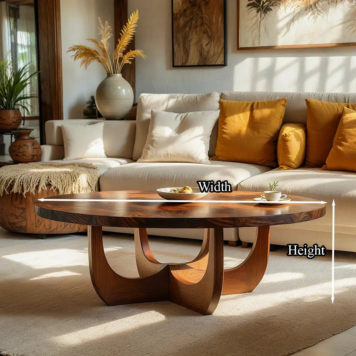 Round Natural Wood Coffee Table with Sculptural Curved Base