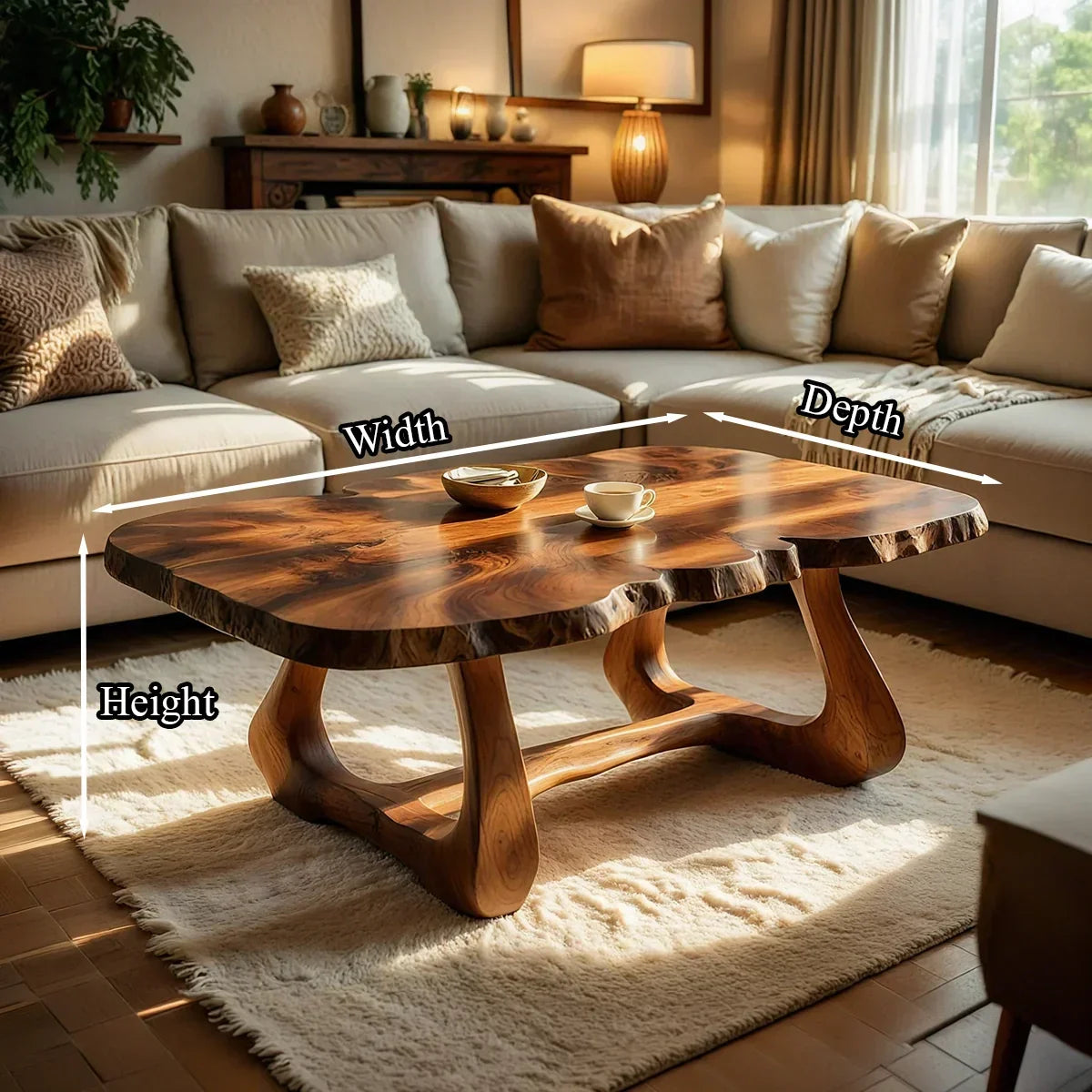 Live Edge Natural Wood Coffee Table with Curved Sculptural Frame