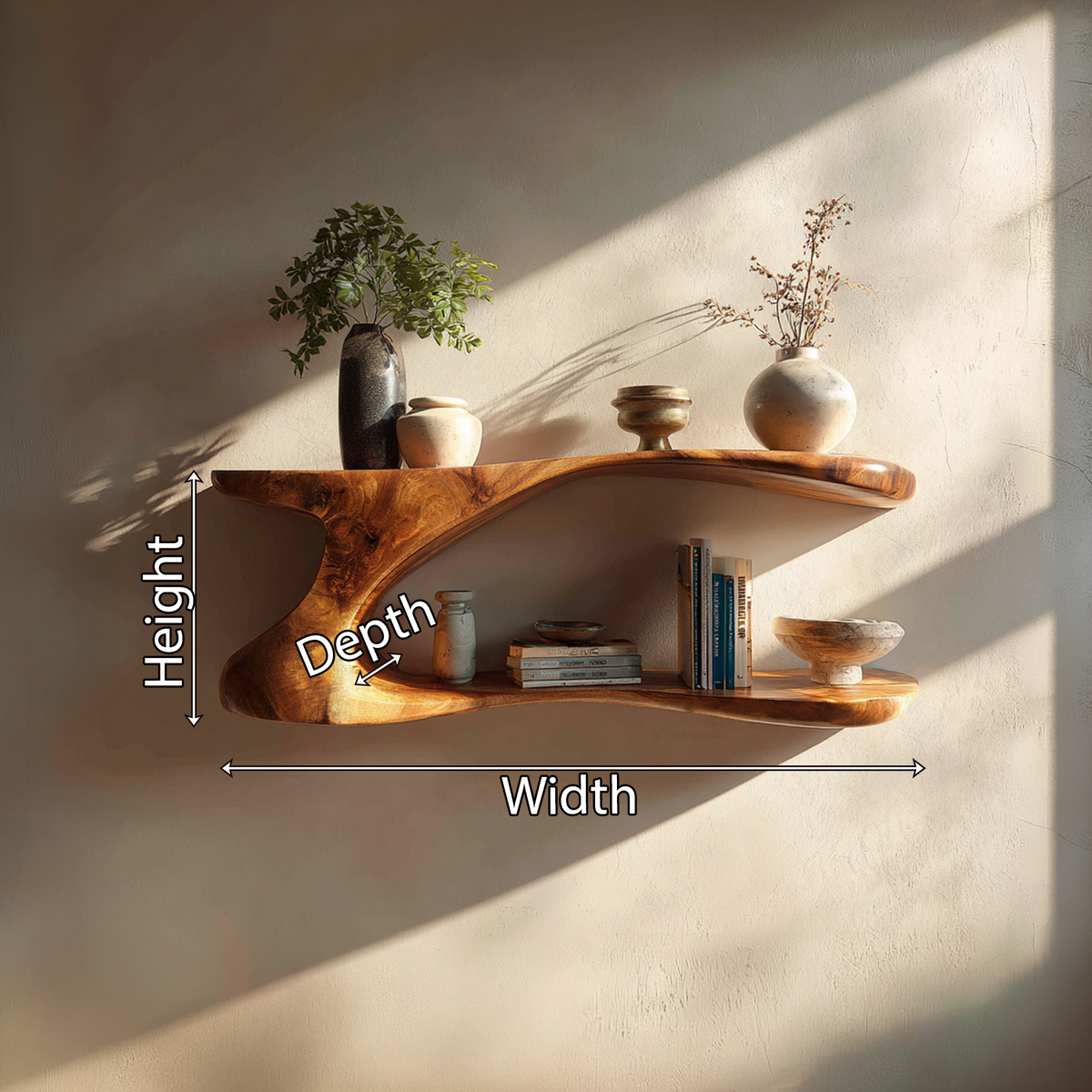 Natural Wood Floating Shelf with Sculptural Dual-Level Curve