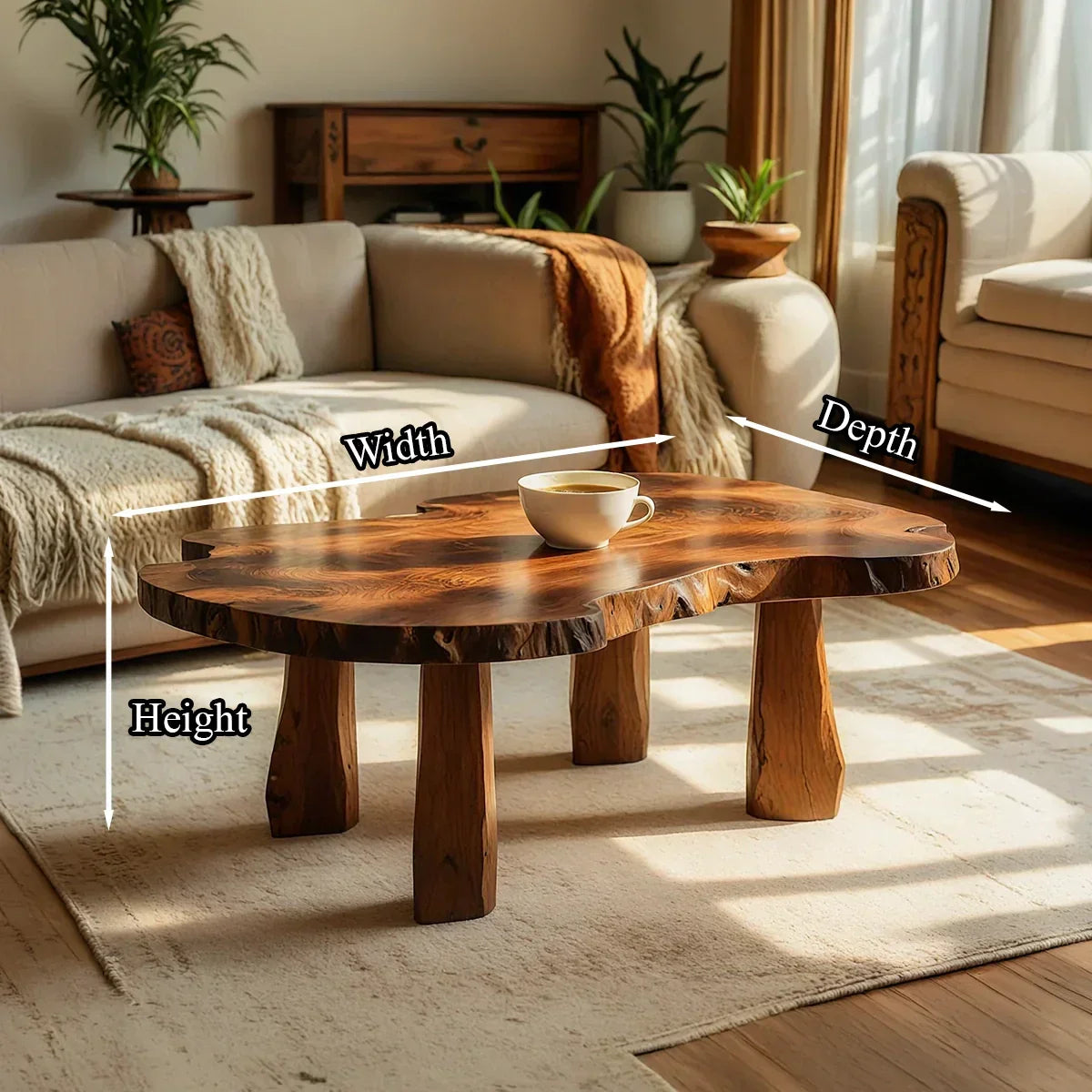 Live Edge Natural Wood Coffee Table with Solid Block Leg Base