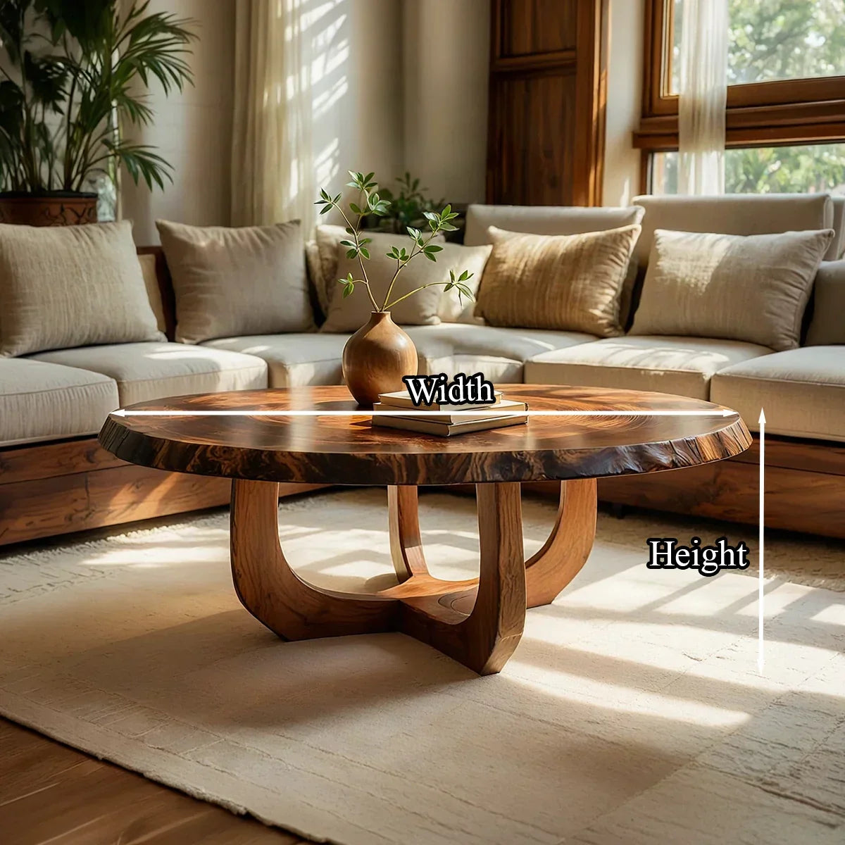 Round Natural Wood Coffee Table with Curved Open Sculptural Base