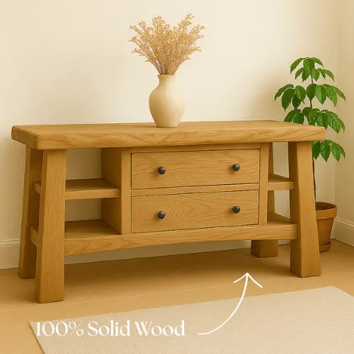 Handcrafted Solid Wood Console Table – Modern Rustic Oak with Drawers and Side Shelves Kitchnce