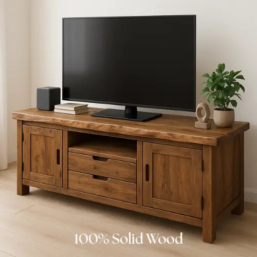 Handcrafted Solid Wood TV Stand with Live Edge Top – Rustic Natural Console Table for Living Room Kitchnce