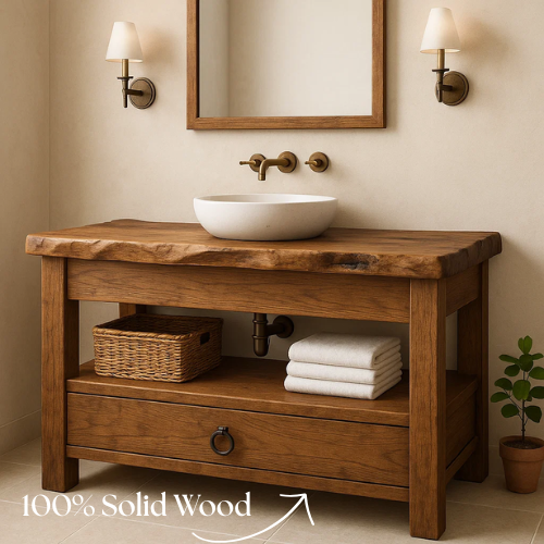 Handcrafted Live Edge Bathroom Vanity – Solid Wood Design with Drawer & Open Shelf – Rustic Farmhouse Vanity for Natural Modern Interiors Kitchnce