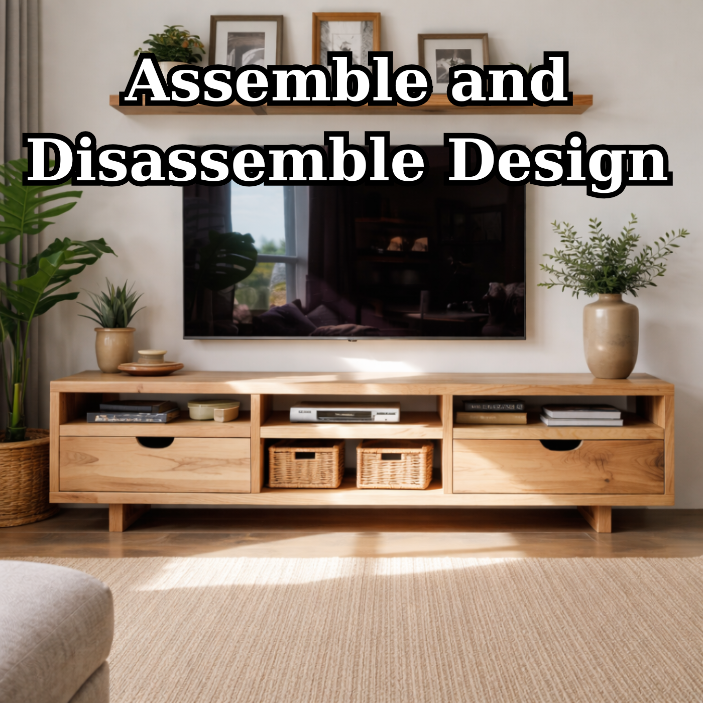 Modern Solid Wood TV Stand with Open Storage and Minimalist Drawers