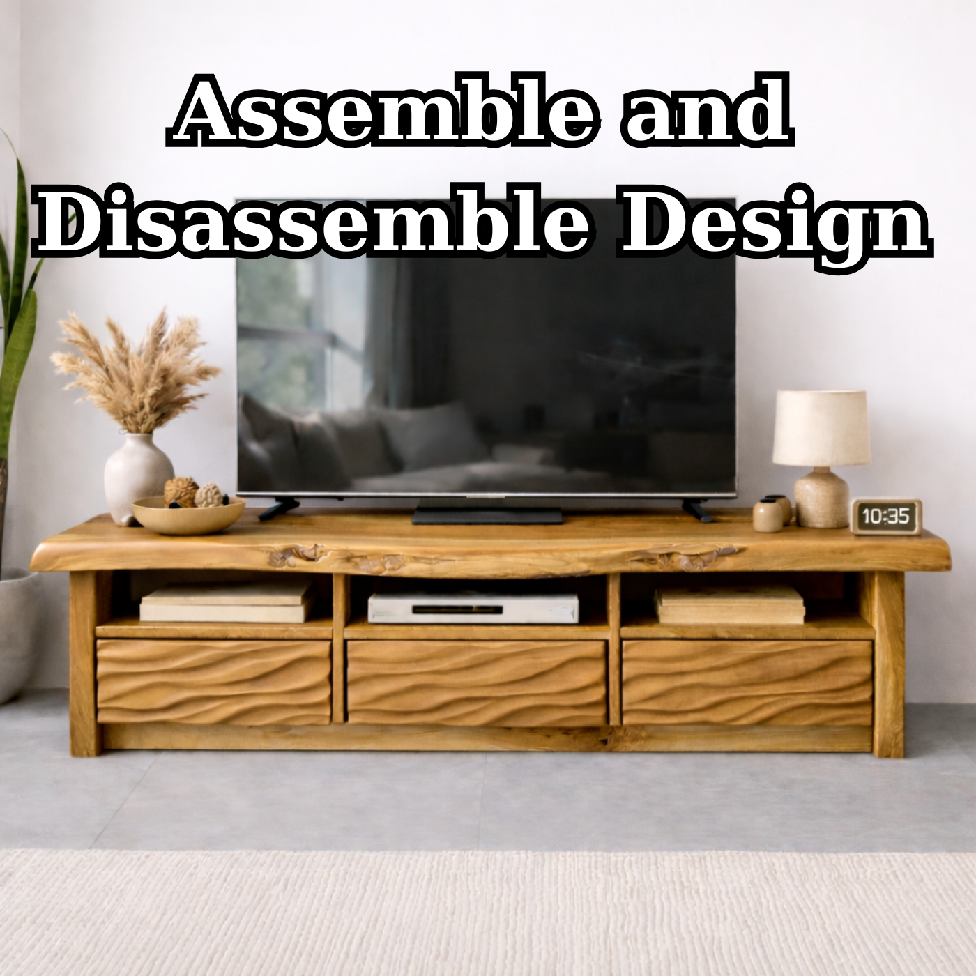 Natural Solid Oak TV Stand with Wavy Drawer Fronts, Rustic Media Console for Living Room