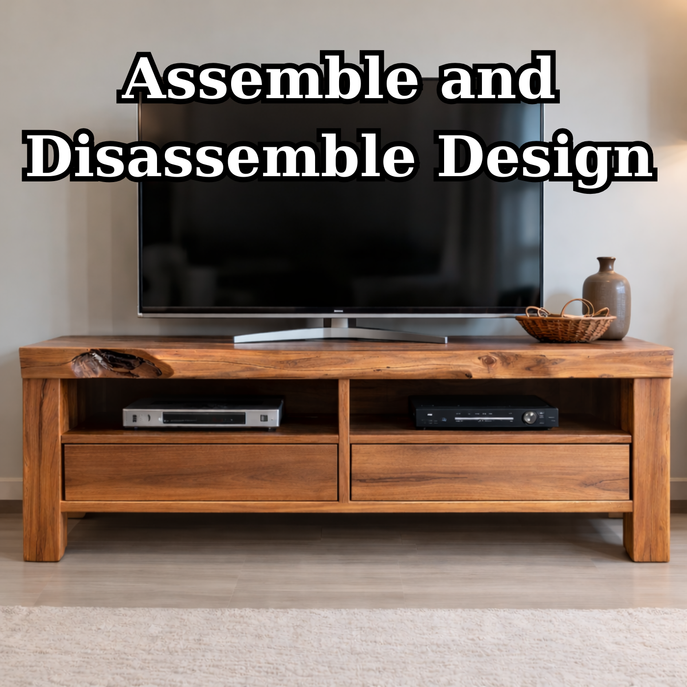 Rustic Solid Wood TV Stand with Natural Live Edge, Storage Drawers and Open Shelves