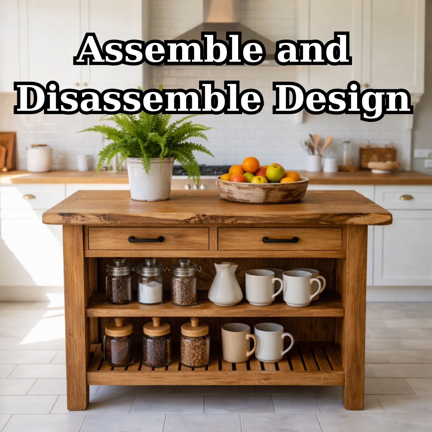 Solid Wood Kitchen Island with Drawers and Open Shelf Storage Wooden Prep Table