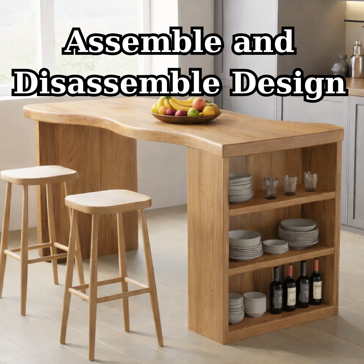 Solid Wood Kitchen Island with Curved Edge Top and Open Shelf Storage Breakfast Bar