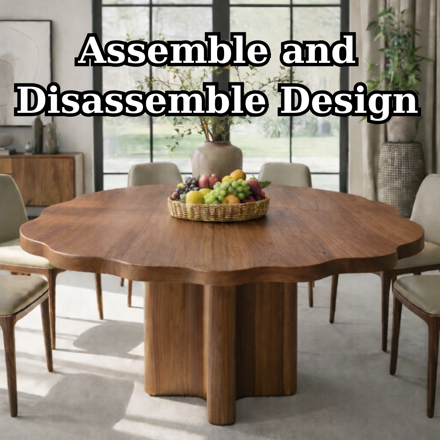 Round Solid Wood Dining Table with Sculptural Pedestal Base Modern Rustic Table